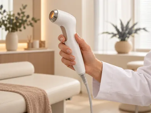 Fisioterapeuta segurando um aparelho de laser terapêutico